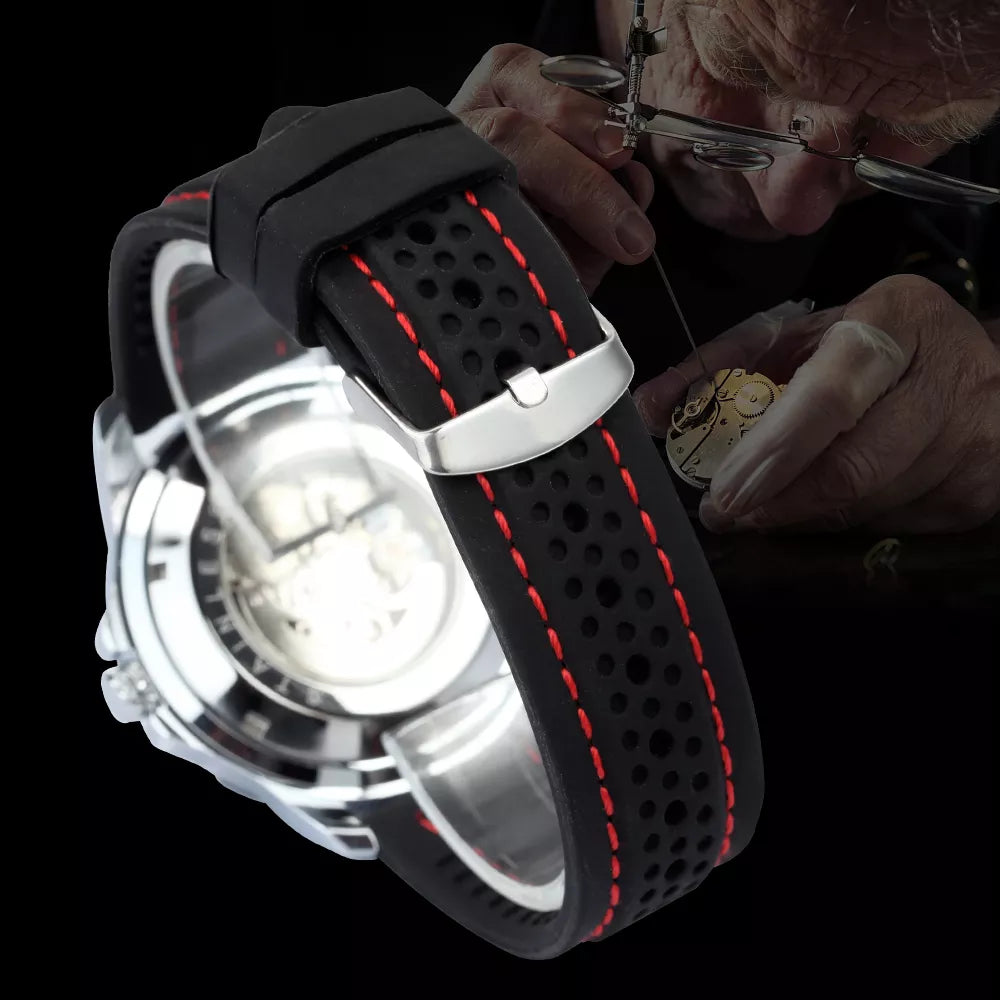 Relógio Automático Desportivo WINNER: Mãos Luminosas, Esqueleto Preto, Marca de Luxo, Pulseira de Borracha shopjponline.com