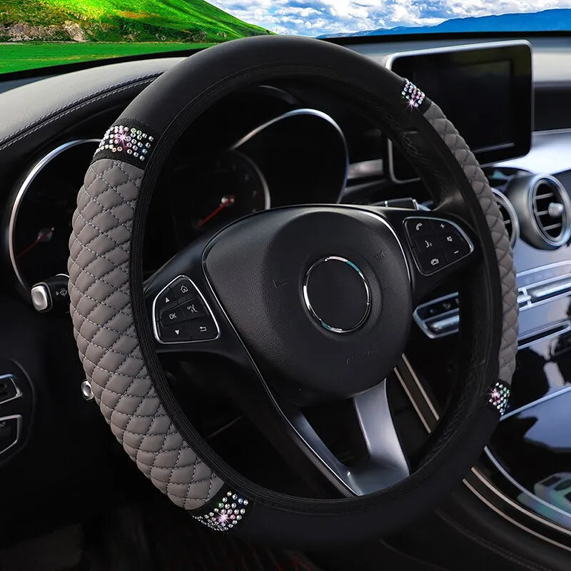 Capa de Volante de Carro Exclusiva 37-38cm em Couro Tridimensional Bordada com Diamantes Coloridos e Respirável shopjponline.com