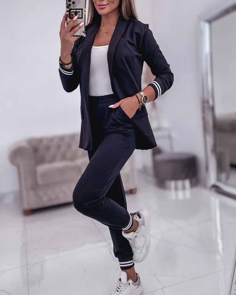 Conjunto Verão Mulheres Casaco Gola às Riscas & Calças Skinny - Look Senhoras shopjponline.com