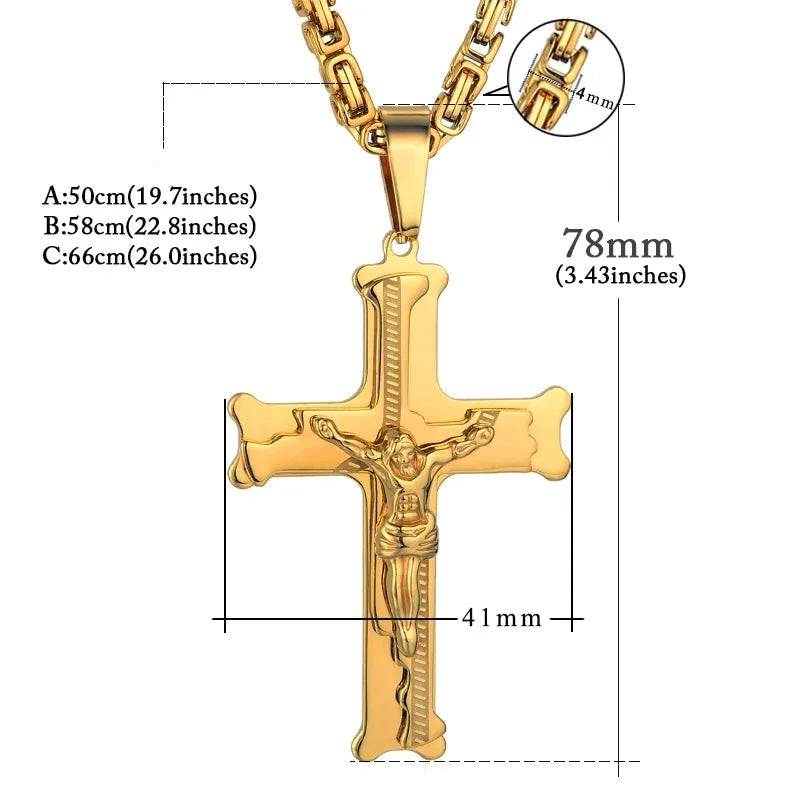 Crucifixo Dourado em Aço Inoxidável com Jesus - Colar Imponente e Corrente Longa para Homens Devotos shopjponline.com