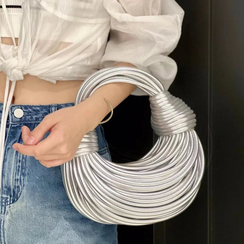 Handbags for Women 2024 New Gold Luxury Designer Brand Handwoven Noodle Bags Rope Knotted Pulled Hobo Silver Evening Clutch Chic shopjponline.com